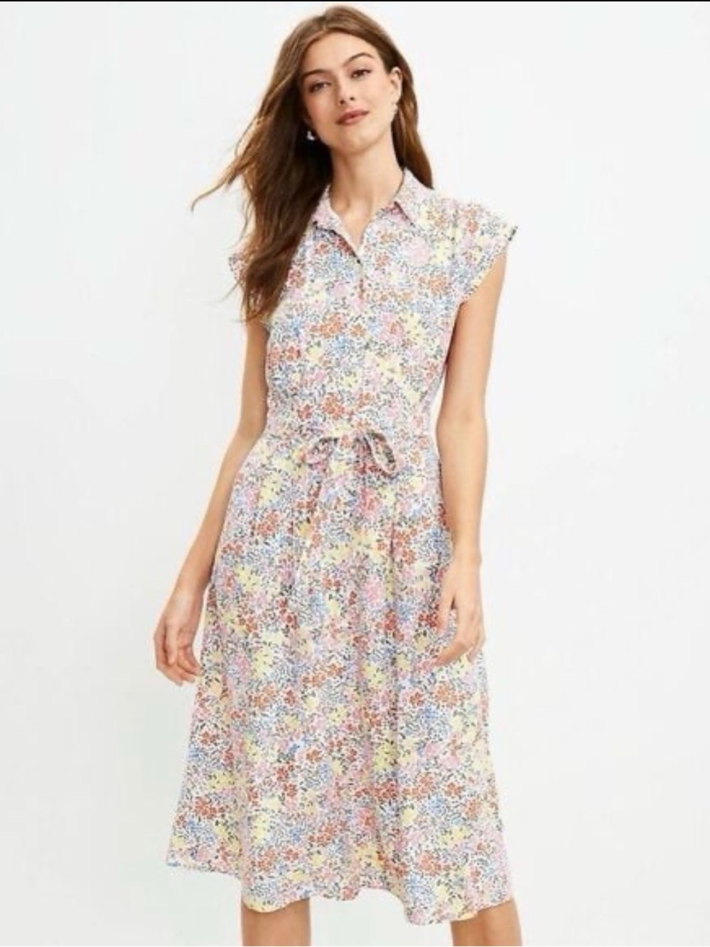 LOFT White Floral Button-Front Dress with Coral, Blue & Yellow Print